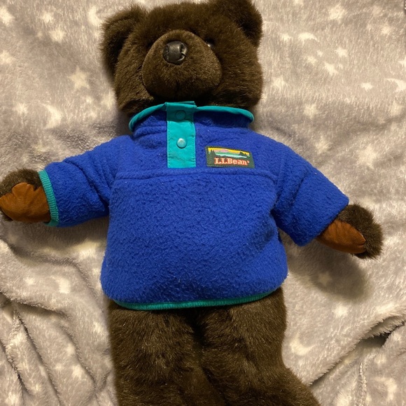 LL Bean Plush Brown Teddy Bear Vintage Sweatshirt Jacket Blue Toy - Picture 2 of 7